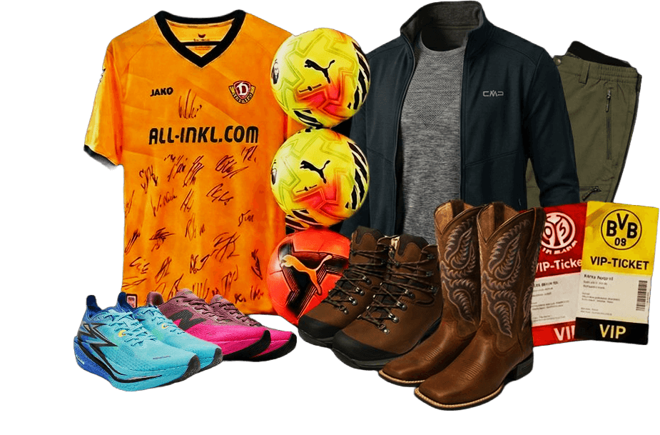 Auswahl der Tombola-Gewinne: Trikot, Fußbälle, Jacke, Lauf- und Wanderschuhe, Cowboystiefel und VIP-Tickets